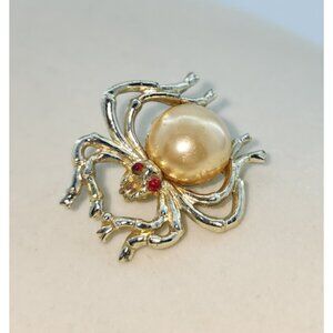 Unsigned Silver Toned Spider Brooch Pin Faux Pearl Body Red Rhinestone Eyes